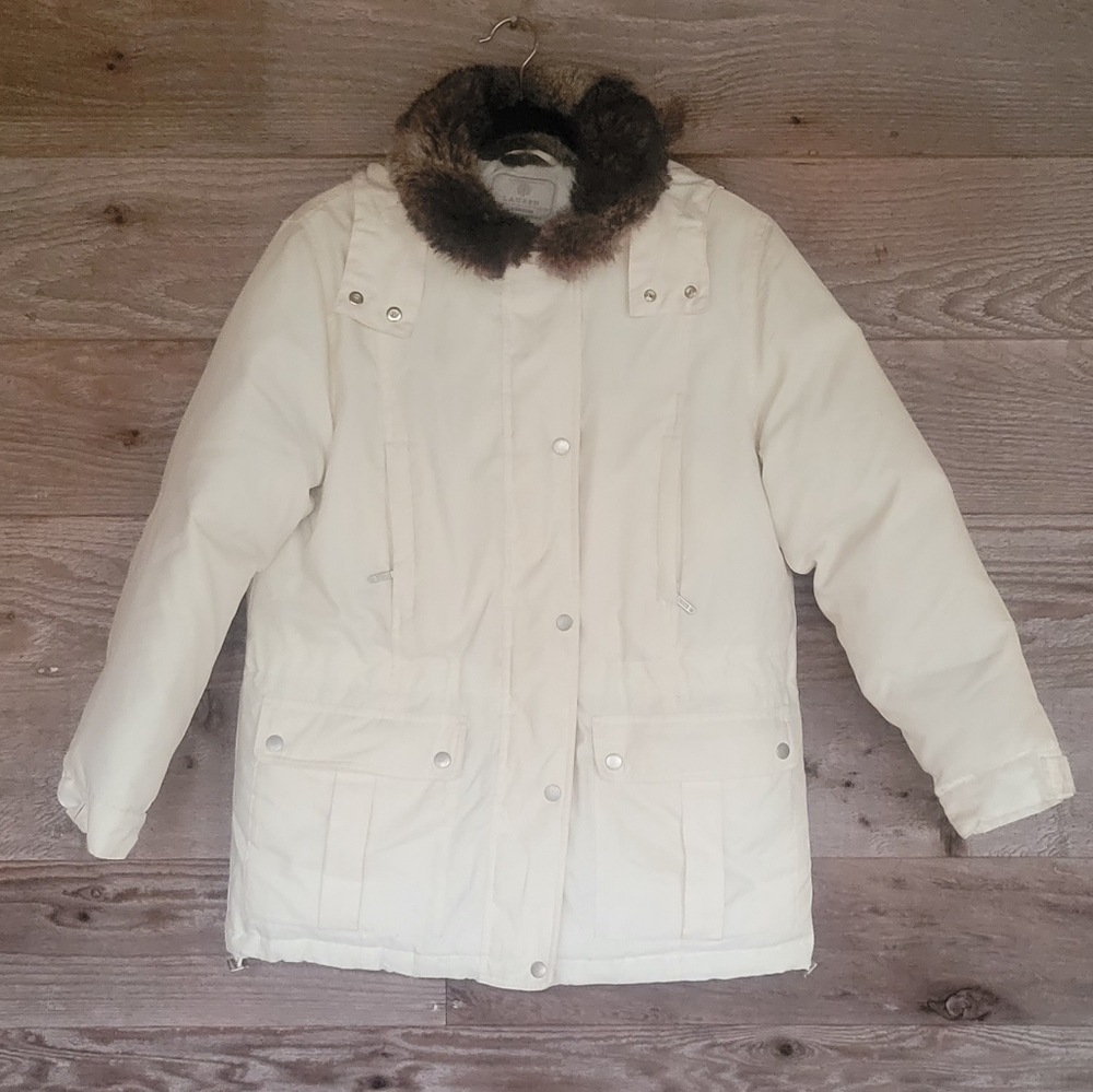Ralph Lauren Cream Down Lined Puffer Jacket with Faux Fur Collar Size Small